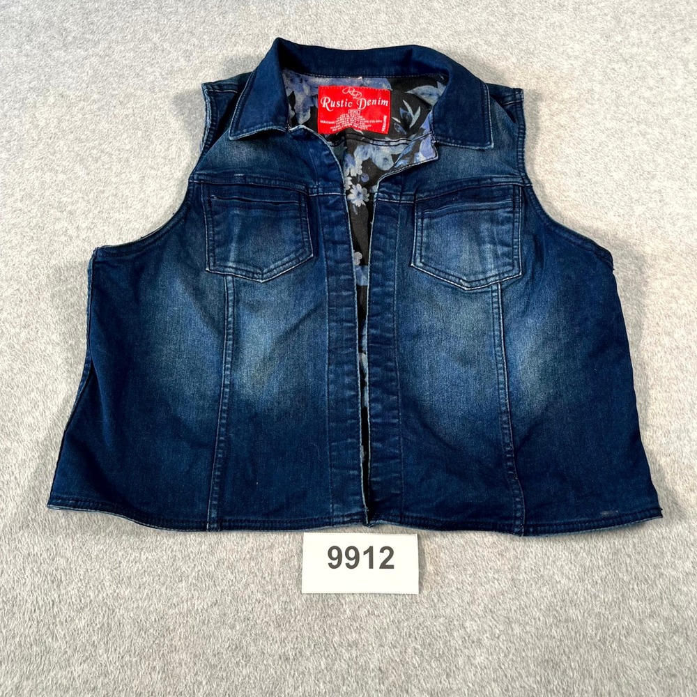 Rustic Denim Vest Womens 2XL Blue Cotton Floral Lined Dark Wash Open Front